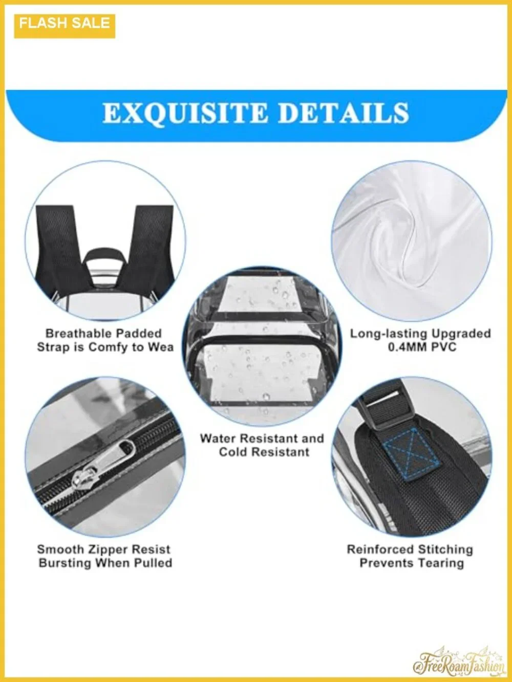 Clear Backpack Stadium Approved 12x6x10 Water-Resistant PVC Daypack for